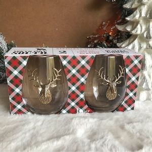 Gold Deer with Antlers Stag Christmas Holiday Stemless Wine Glass